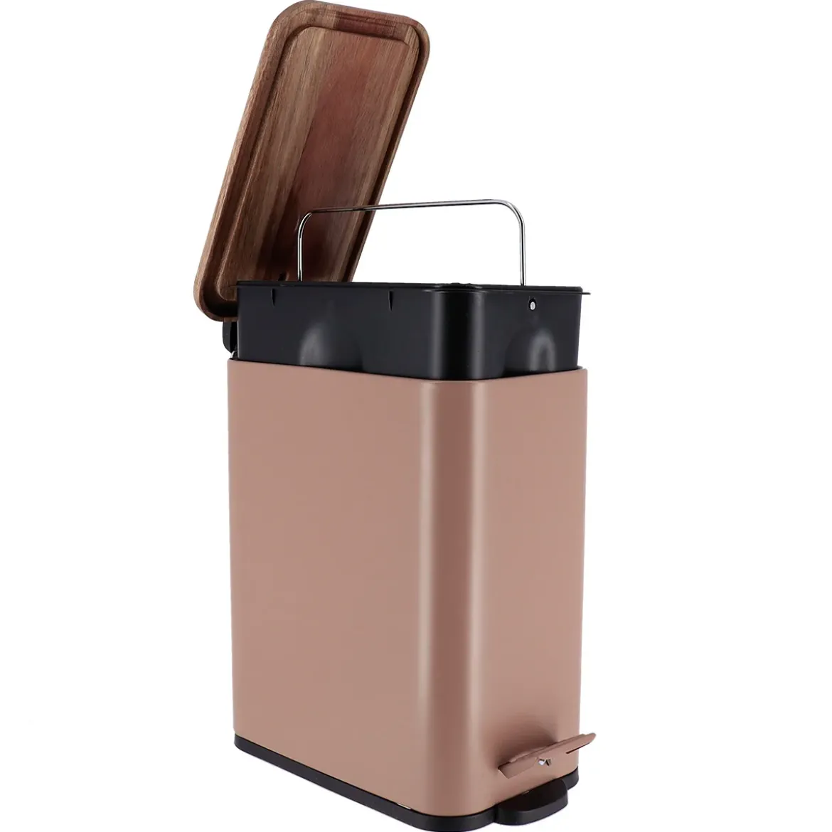 Wąski kosz do śmieci do łazienki MONO z drewnianą pokrywą, 5 l
