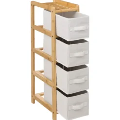 Wąski regał bambusowy TIDY z 4 materiałowymi koszami, wys. 78,5 cm