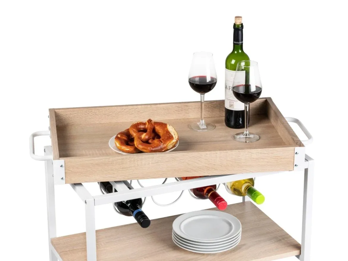 Wózek kuchenny RUSTICO, trójpoziomowy regał na kółkach z uchwytami na butelki i kieliszki - 80 x 89,5 x 40 cm, WENKO