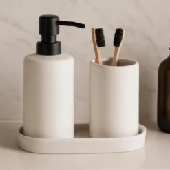 Zestaw łazienkowy PLY, ceramiczny dozownik, kubek i taca