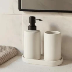 Zestaw łazienkowy PLY, ceramiczny dozownik, kubek i taca
