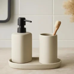 Zestaw łazienkowy PLY, ceramiczny dozownik, kubek i taca