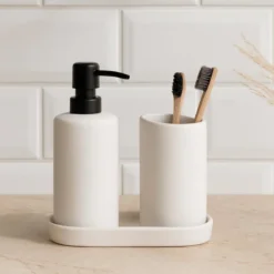 Zestaw łazienkowy PLY, ceramiczny dozownik, kubek i taca