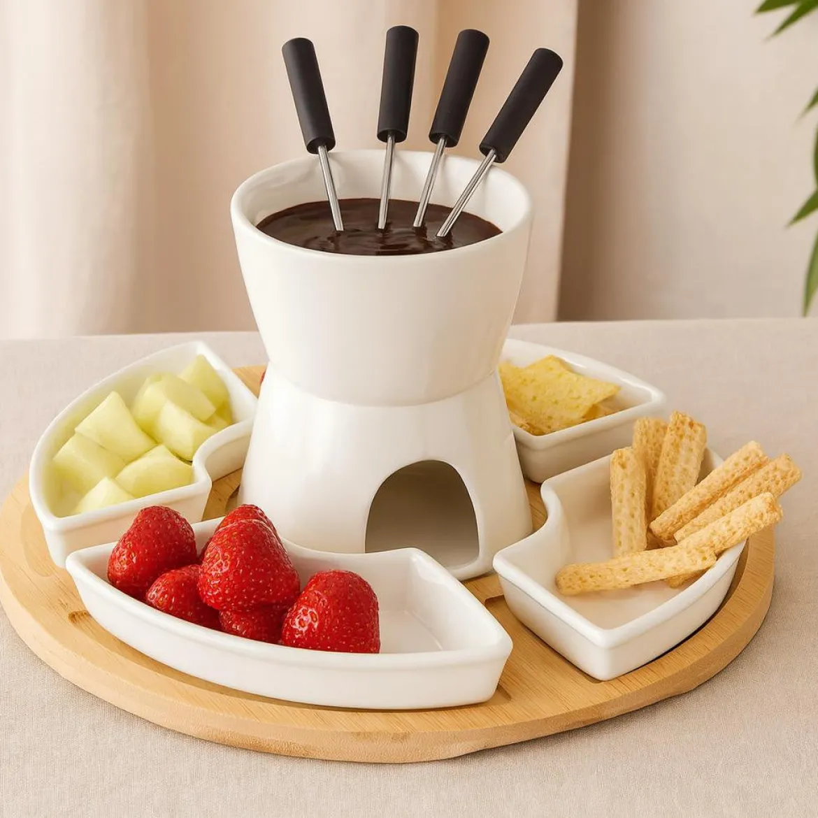 Zestaw do fondue czekoladowego z deską bambusową, 11 elementów