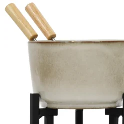 Zestaw do fondue serowego, rondelek z porcelany, 2 widelce