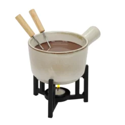 Zestaw do fondue serowego, rondelek z porcelany, 2 widelce