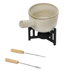 Zestaw do fondue serowego, rondelek z porcelany, 2 widelce