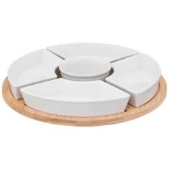 Zestaw do przekąsek: 5 porcelanowych miseczek + bambusowa taca