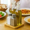 Zestaw do przypraw i oleju z drewnianą podstawą, 4 elementy