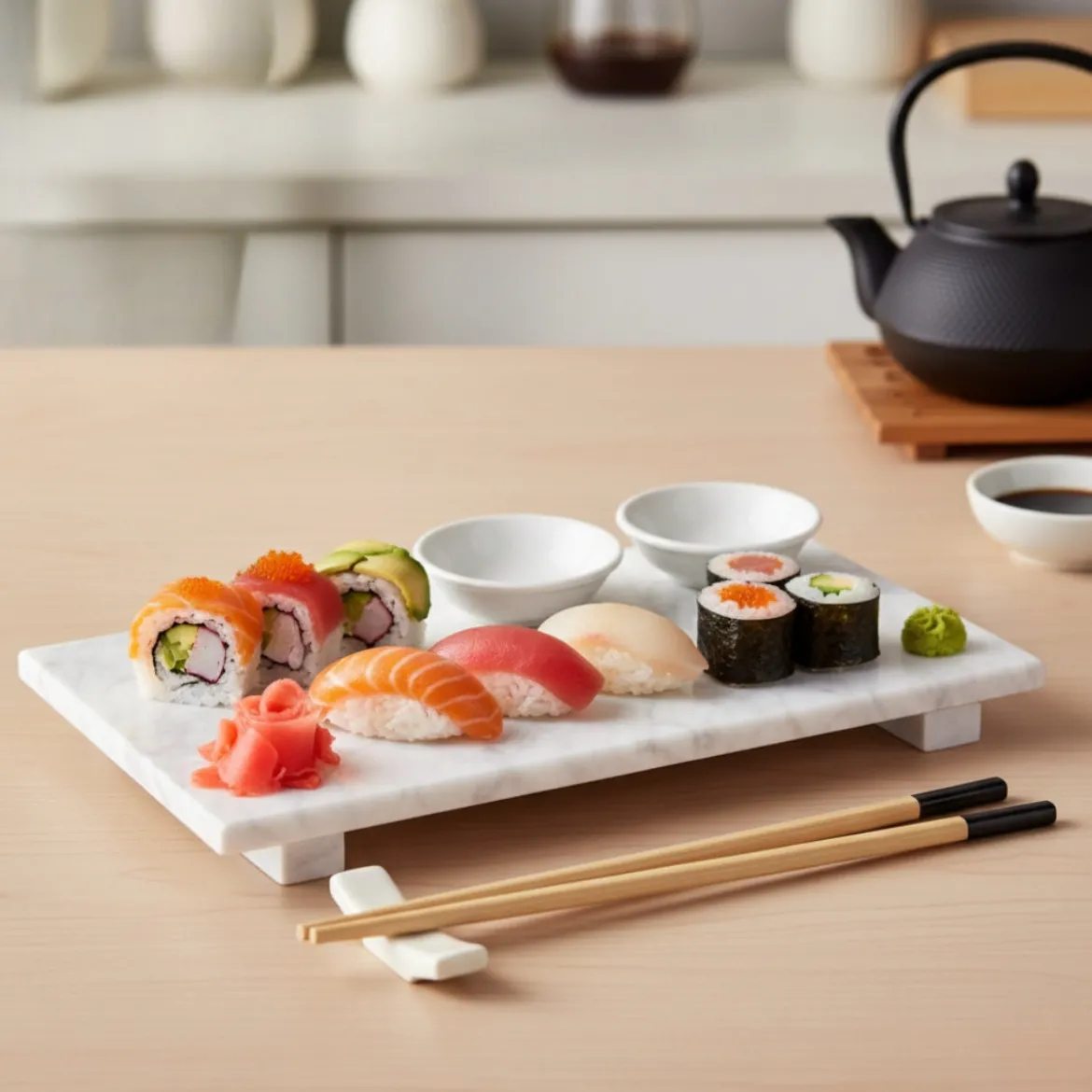 Zestaw do serwowania sushi ORIA dla 2 osób, 9 elementów, taca z marmuru