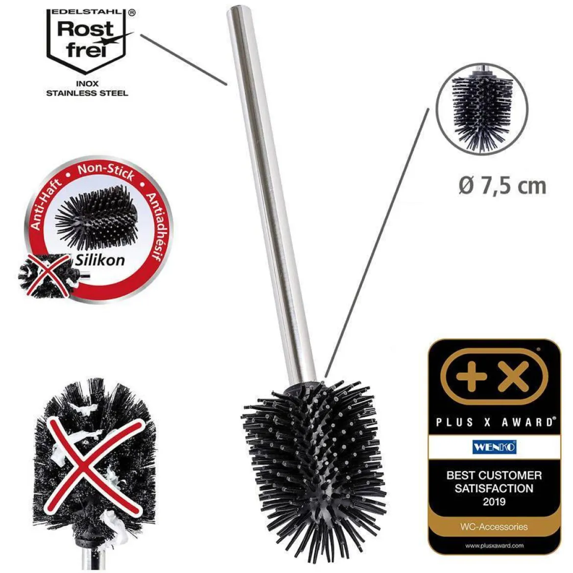 Zestaw dwóch samoczyszczących, silikonowych szczotek do WC ⌀ 7,5 cm, WENKO