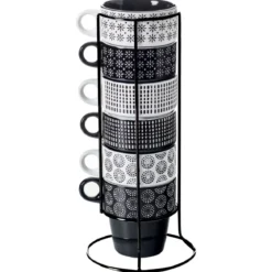 Zestaw 6 filiżanek porcelanowych na stojaku, kubki do kawy, komplet filiżanek