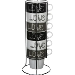 Zestaw 6 filiżanek porcelanowych na stojaku, kubki do kawy, komplet filiżanek, porcelanowe kubki na stojaku