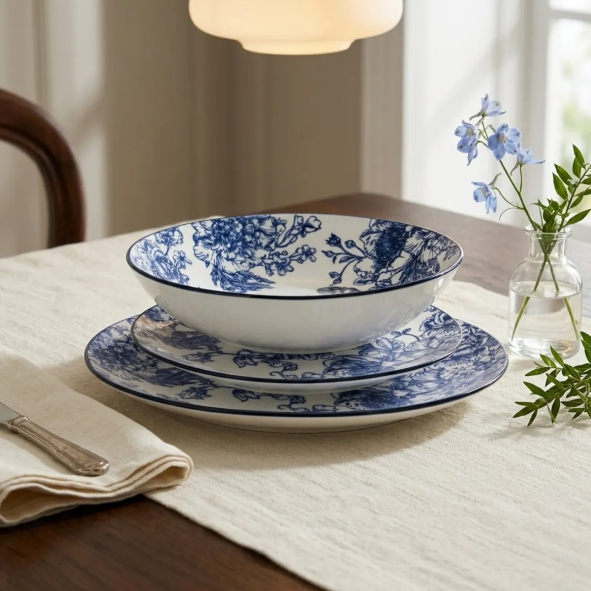 Zestaw ozdobnych talerzy z nadrukiem kwiatowym GLAMT, 18 sztuk, porcelanowych