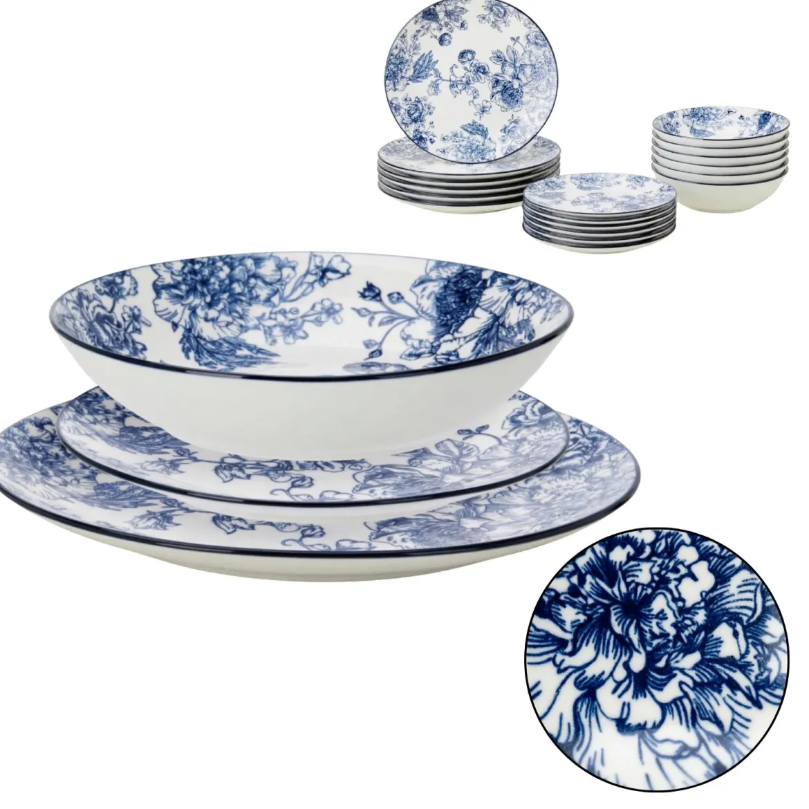 Zestaw ozdobnych talerzy z nadrukiem kwiatowym GLAMT, 18 sztuk, porcelanowych