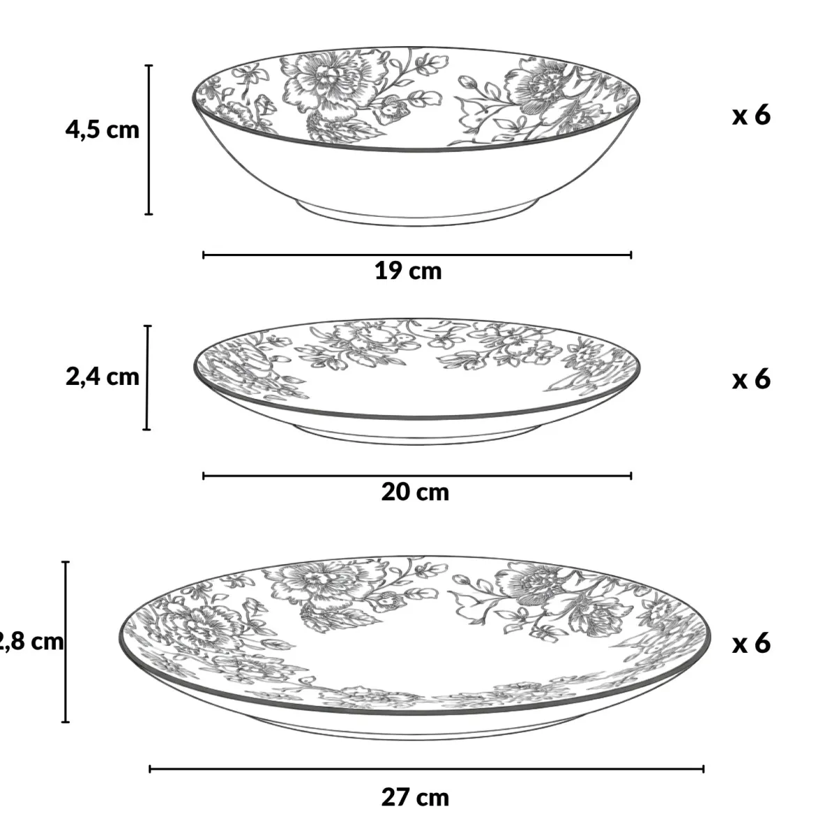 Zestaw ozdobnych talerzy z nadrukiem kwiatowym GLAMT, 18 sztuk, porcelanowych