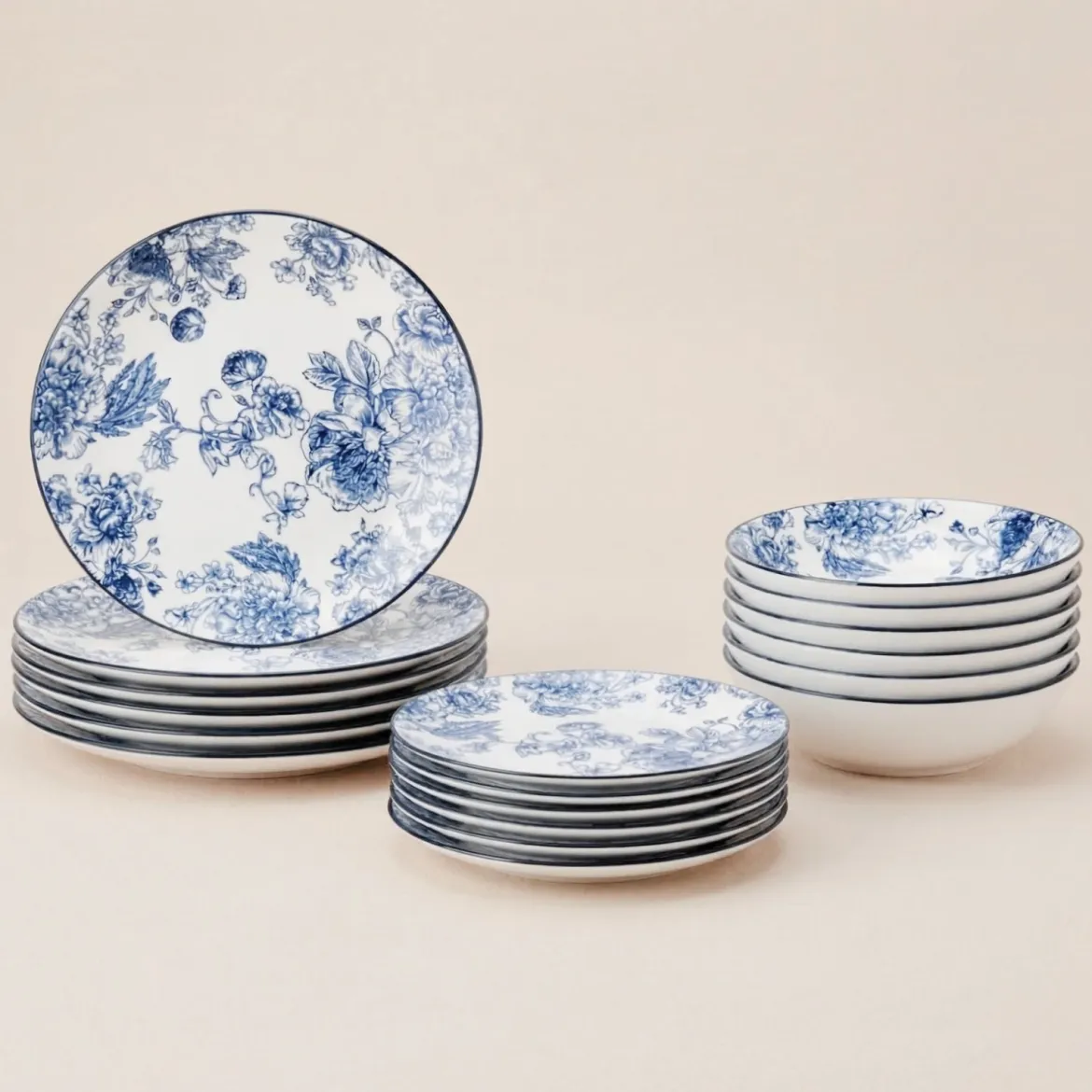 Zestaw ozdobnych talerzy z nadrukiem kwiatowym GLAMT, 18 sztuk, porcelanowych