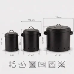 Zestaw 3 pojemników metalowych z pokrywkami, Ø 12–23,5 cm