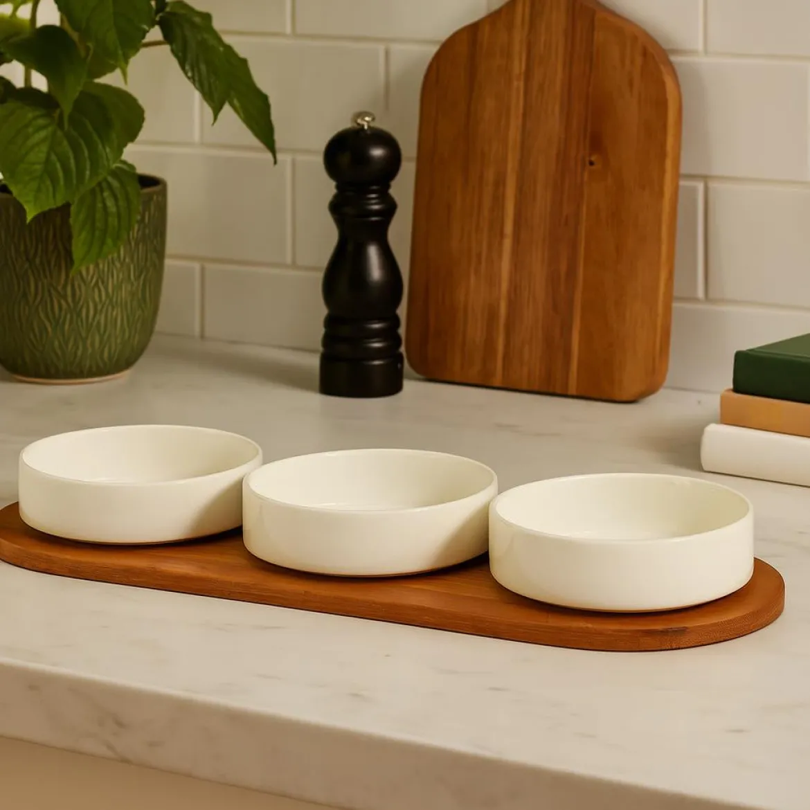 Zestaw porcelanowych miseczek do serwowania przekąsek APERIO, 3 x 390 ml, bambusowa taca