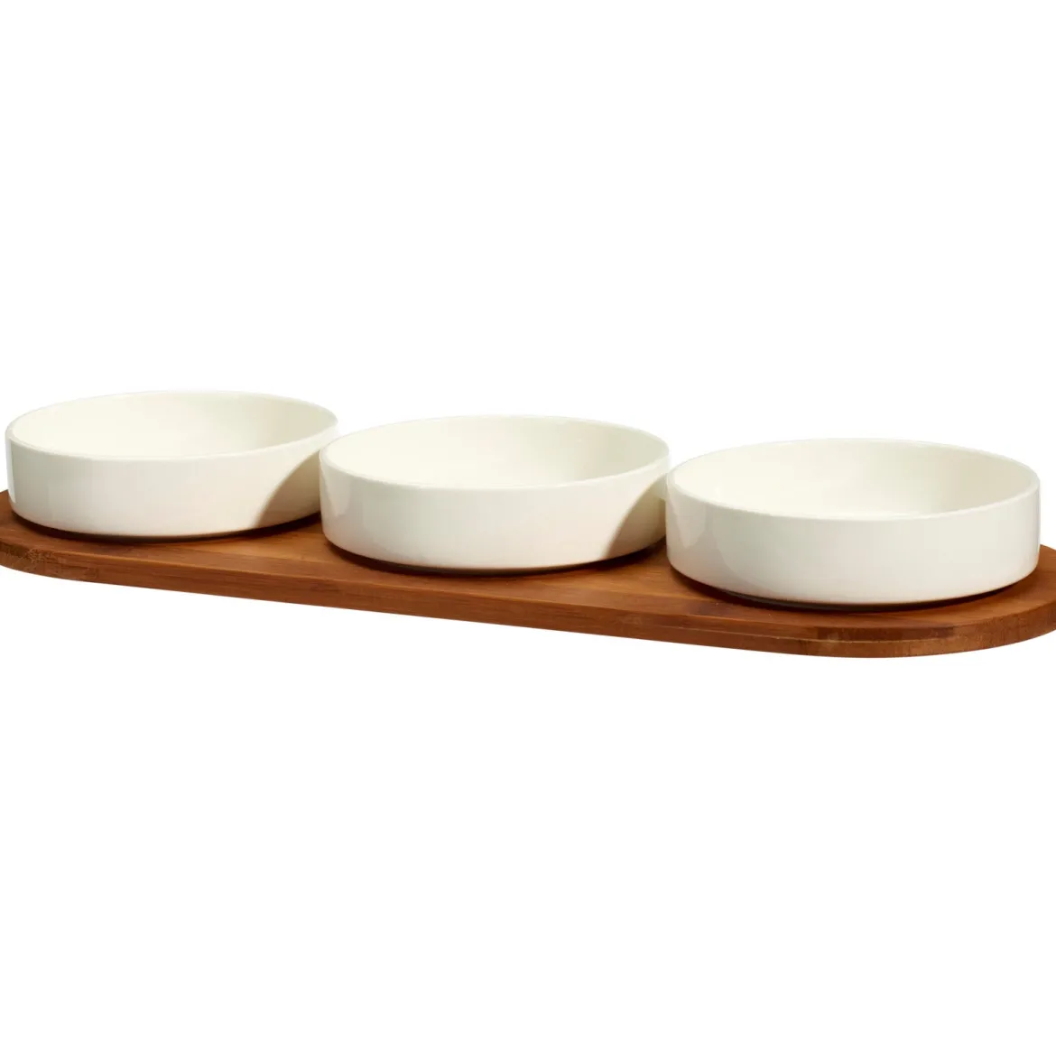Zestaw porcelanowych miseczek do serwowania przekąsek APERIO, 3 x 390 ml, bambusowa taca