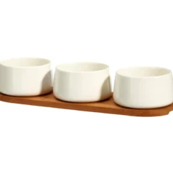 Zestaw porcelanowych miseczek na dipy APERIO, 3 x 200 ml, bambusowa taca